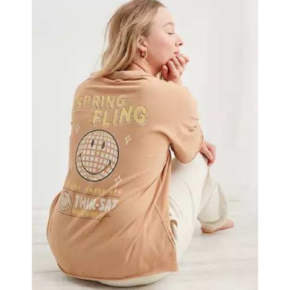 Aerie Brown Graphic T-Shirt Spring Fling‎ Disco Ball Smiley Face Oversized Small